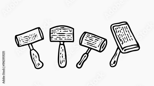 Four sketched mallets and meat tenderizers, black lines on white background