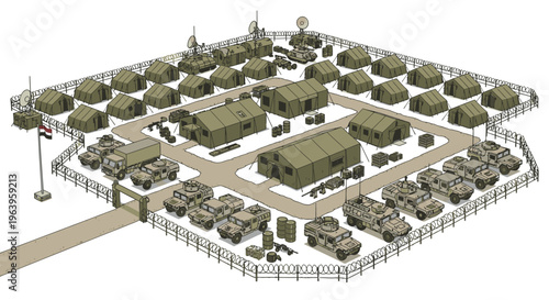 Aerial view of a military base with green tents and vehicles, surrounded by a fence and watchtowers on a white background.