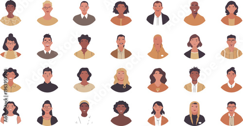 Set of various round portraits of business men and women of different ages and races. Vector illustration