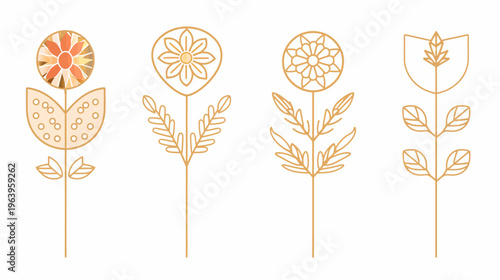 Four line-art flower variations in a single row, colored with light gold