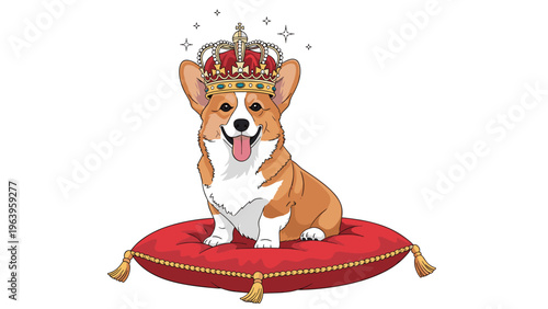 Majestic corgi dog sitting proudly on a red velvet cushion while wearing an ornate royal crown with sparkling jewels and tassels.