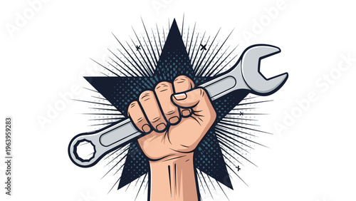 Strong hand clenching a silver metal wrench held high against a dark blue star background with rays in a retro pop art poster style.