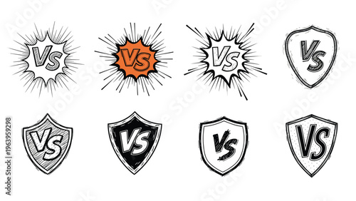 Collection of versus battle icons featuring VS text inside lightning bolts and shield shapes for competition and tournament graphics.