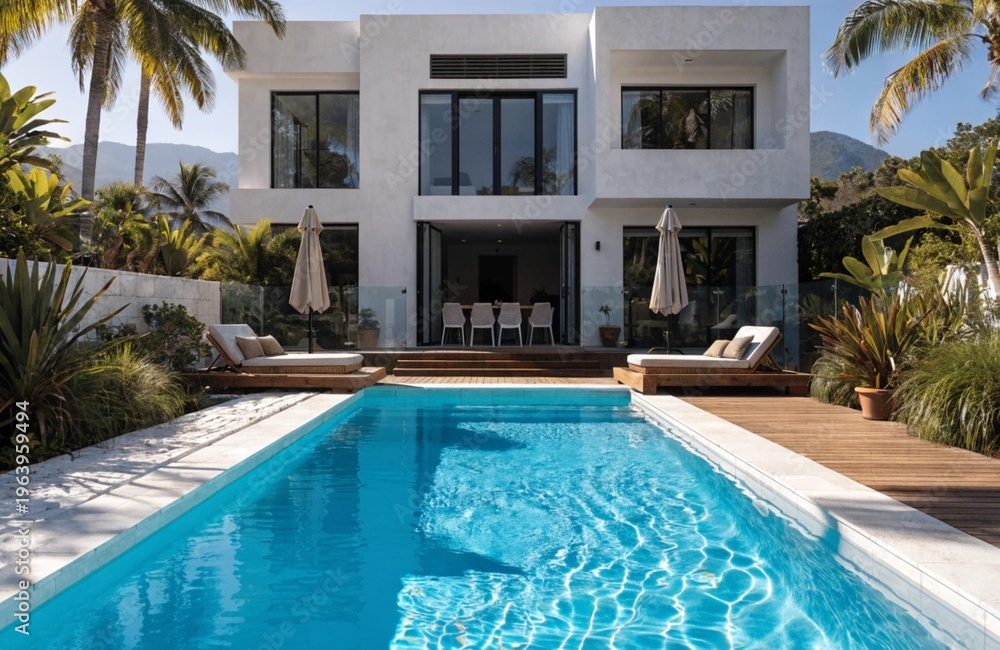 Fototapeta premium Rear garden of a contemporary Australian home with pool, balcony, and modern architecture, surrounded by landscaped backyard, perfect suburban residence showcasing luxury lifestyle and stylish outdoor