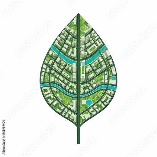 Aerial view of a city map resembling a green leaf with blue rivers and green spaces.