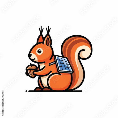 A cartoon squirrel holds an acorn with a solar panel on its back.