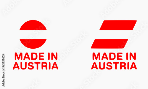 Made in Austria Badge Set with Circle and Horizontal Label Featuring Red and White Austrian Flag for Product Certification, Origin Branding, Packaging, and Export Design