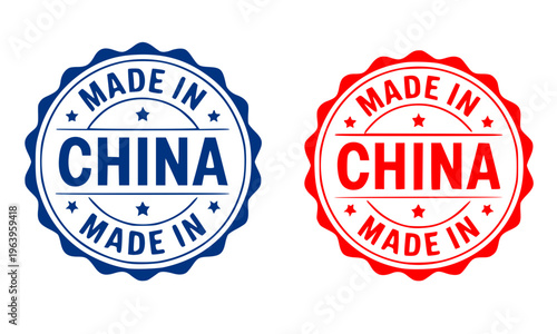 Made in China Round Stamp Set in Blue and Red, Featuring Vintage Seal Badge with Circular Text and Stars for Product Label, Packaging, and Manufacturing Origin Design