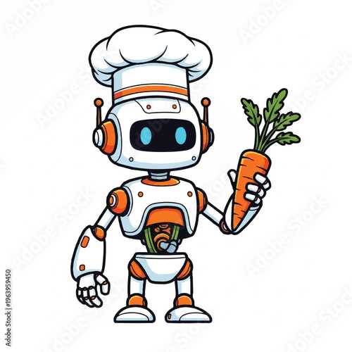 Robot chef holds fresh carrot proudly on kitchen countertop surface