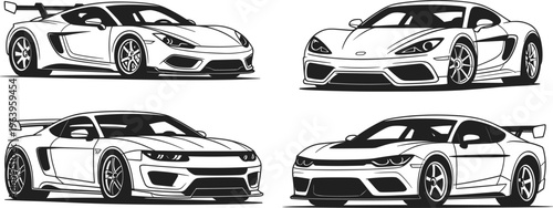 Set of modern sports cars vector illustration, luxury supercar collection in black and white line art