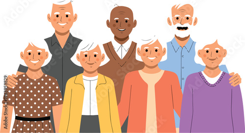 Happy senior people group smiling together, elderly men and women characters in flat style isolated on white background vector illustration
