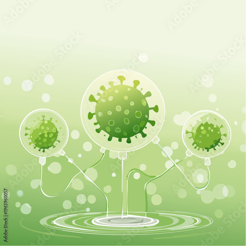 Conceptual illustration showcasing stylized viral cells in a contained scientific setting, representing biological research, pathogen study, and the exploration of microscopic organisms