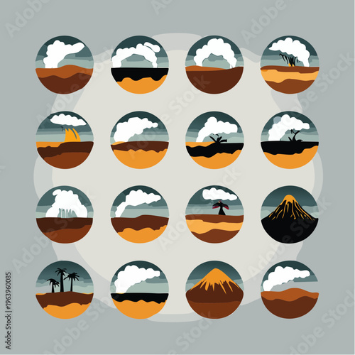 Icons of natural disasters and geological events. Features volcanic eruptions, earthquakes, tsunamis, representing Earth's raw power and environmental impact