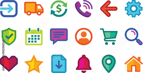 Modern interface icons set with navigation delivery payment call settings shopping location notification favorites flat vector design