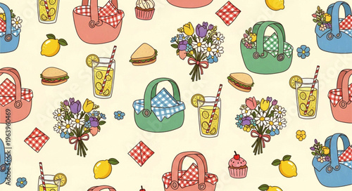 Seamless picnic pattern with cute hand-drawn illustrations of picnic baskets, lemonade glasses, flower bouquets, sandwiches, and cupcakes on a cream background.