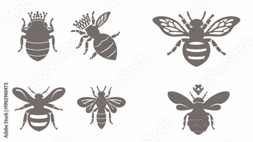 Six grey bee vector graphic illustrations isolated on a white background