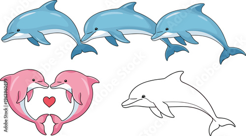 Cute Dolphin Cartoon Character Set with Different Poses Including Jumping Swimming and Love Heart Composition Vector Illustration for Marine Life Design