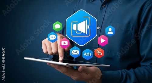 Person holding tablet displaying digital marketing and social media advertising in blue and multicolor