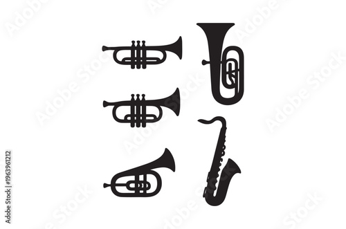 Black silhouettes of various brass and woodwind musical instruments