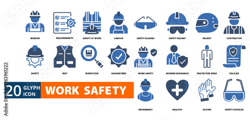 work safety icon set with worker, requirements, safety at work, labour, safety glasses, safety helmet, helmet,
contractor, safety, vest, inspection, guaranteed, work  safety, worker insurance
