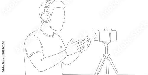 Minimalist One Line Drawing Influencer Recording Content with Digital Camera on Tripod