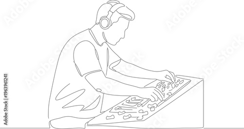 Line Art Drawing Music Producer Continuous Line Design with Headphones Illustration