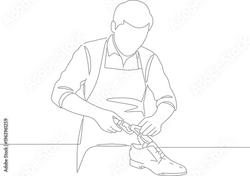 Minimalist Continuous Line Drawing Shoemaker Repairing Footwear in Workshop Illustration