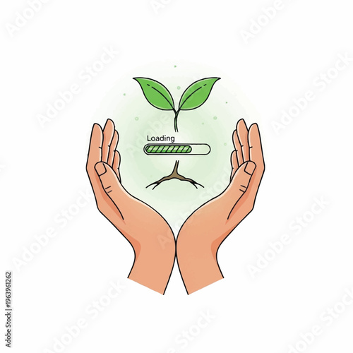 A person nurtures a young plant growing with a loading progress bar in their cupped hands.