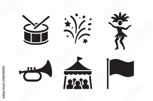 Carnival symbols drums performers instruments and festive tent icons