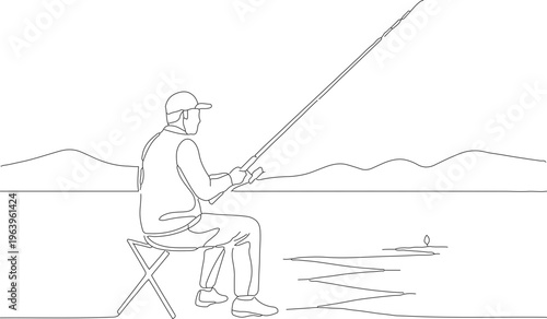 Minimalist Line Drawing of a Man Fishing by the Lake Illustration