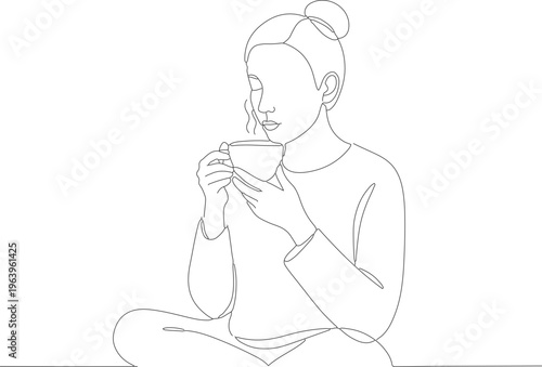 Minimalist Continuous Line Art Woman Enjoying Hot Drink Relaxation Moment