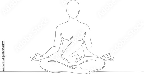 Simple Outline Continuous Line Art Woman Meditating in Lotus Position Illustration
