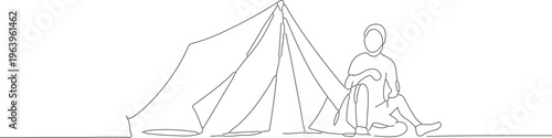 Minimalist Line Art Person Relaxing Outside the Tent Camping Illustration