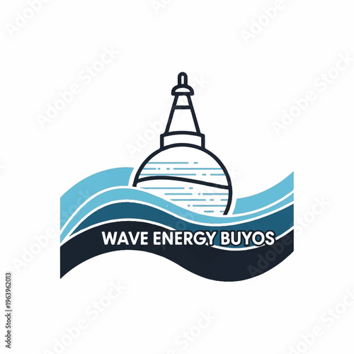 Wave energy converter buoy floats on ocean waves near coastal area with tower structure