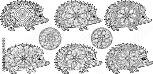 Decorative Hedgehog Mandala Vector Illustration Set with Intricate Floral Patterns, Zentangle Style Animals, Ornamental Wildlife Design and Detailed Line Art Collection