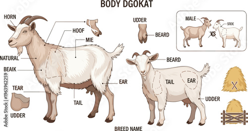 Goat Anatomy Vector Diagram with Labeled Body Parts, Farm Animal Illustration, Livestock Structure, Educational Agriculture Design and Detailed Zoology Study