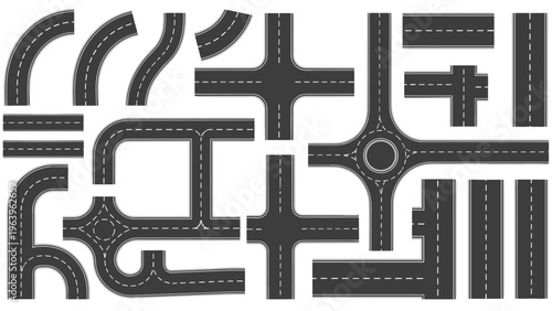 Top down view of various road segments and intersection components for creating custom city street map layouts.