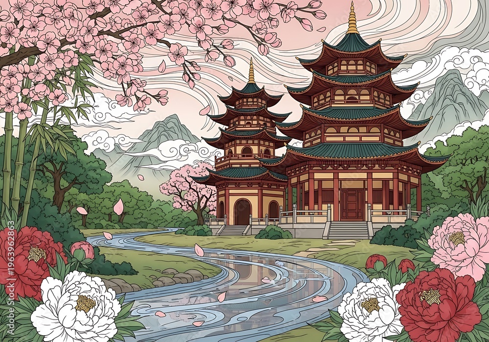 Obraz premium Traditional japanese pagodas with cherry blossoms beside winding river temple architecture