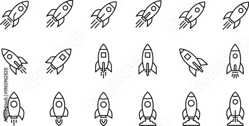 Rocket launch icon set with startup growth symbols, space ship outline collection, business innovation concept minimal vector