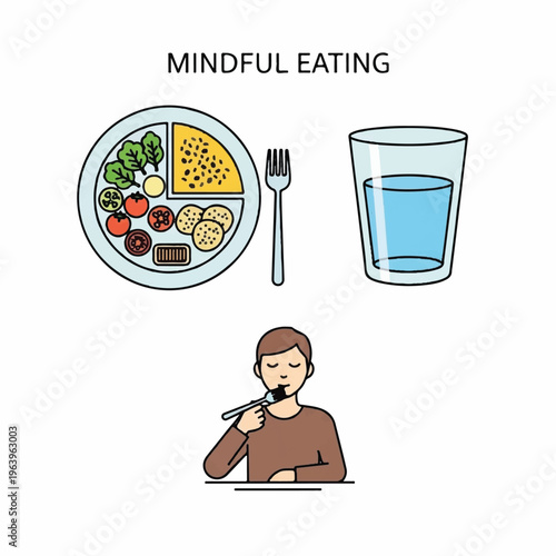 Man eating healthy food with fork and drinking glass on table