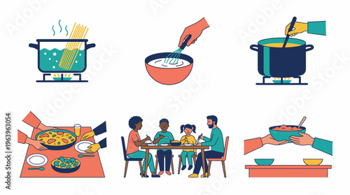 A family enjoying a meal together at a table with food being prepared and served