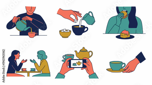 A vibrant illustration showcasing various dining experiences and interactions