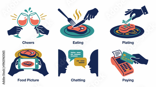 A vibrant illustration showcasing various dining experiences and interactions