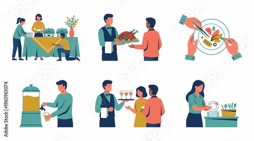 A group of people working together to serve food and drinks at an event