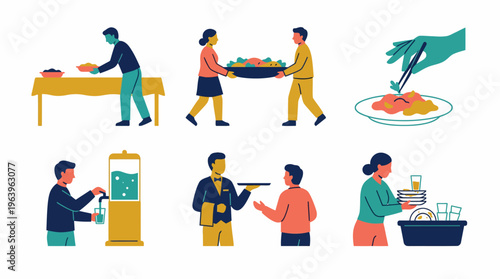 A group of people working together to serve food and drinks at an event