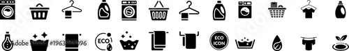 Laundry and Garment Care Outline Icon Set Featuring Washing Machine, Laundry Basket, Hanger, Detergent Bottle, Eco Wash, Fabric Care and Cleaning Symbols – Minimal Line Vector UI Icons