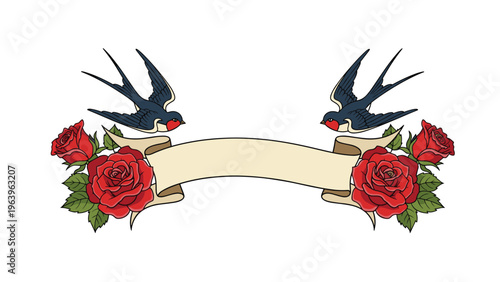 Traditional tattoo style illustration with swallow birds and red roses flanking a blank parchment ribbon banner.