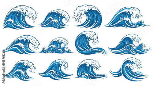 Set of powerful ocean waves in various shapes and sizes showing crests and spray in a dynamic comic book illustration style.