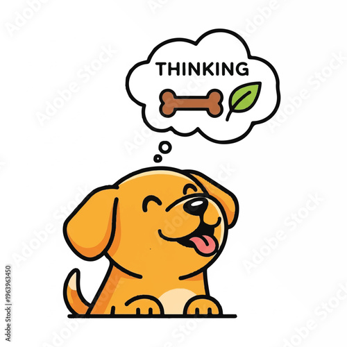 A dog is thinking about a bone and a leaf while sitting outdoors.