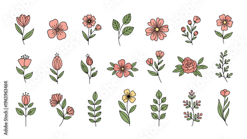 Collection of simple hand drawn flowers and plants in various shapes with a soft color palette for decoration.